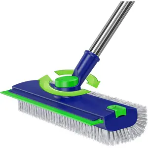 3 in 1 Heavy-Duty Floor Scrub Brush with Long Handle & Squeegee for Cleaning Tile Bathroom Deck Kitchen Patio - Blue