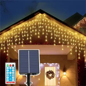 Warm White Solar Curtain Light 256 Led Waterfall Light 8 Modes Remote Control Solar Dimmer Timer Sparkling Fairy Tale String Lights, Suitable For Outdoor Christmas Gazebo Party Wedding Windows