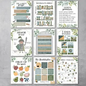 Geo Greenery Bible Posters | Set of 9 | Sunday School Posters - Duplicate for TikTok Shop Classroom Supplies Charts Customized Sticker Visual Learning Tools