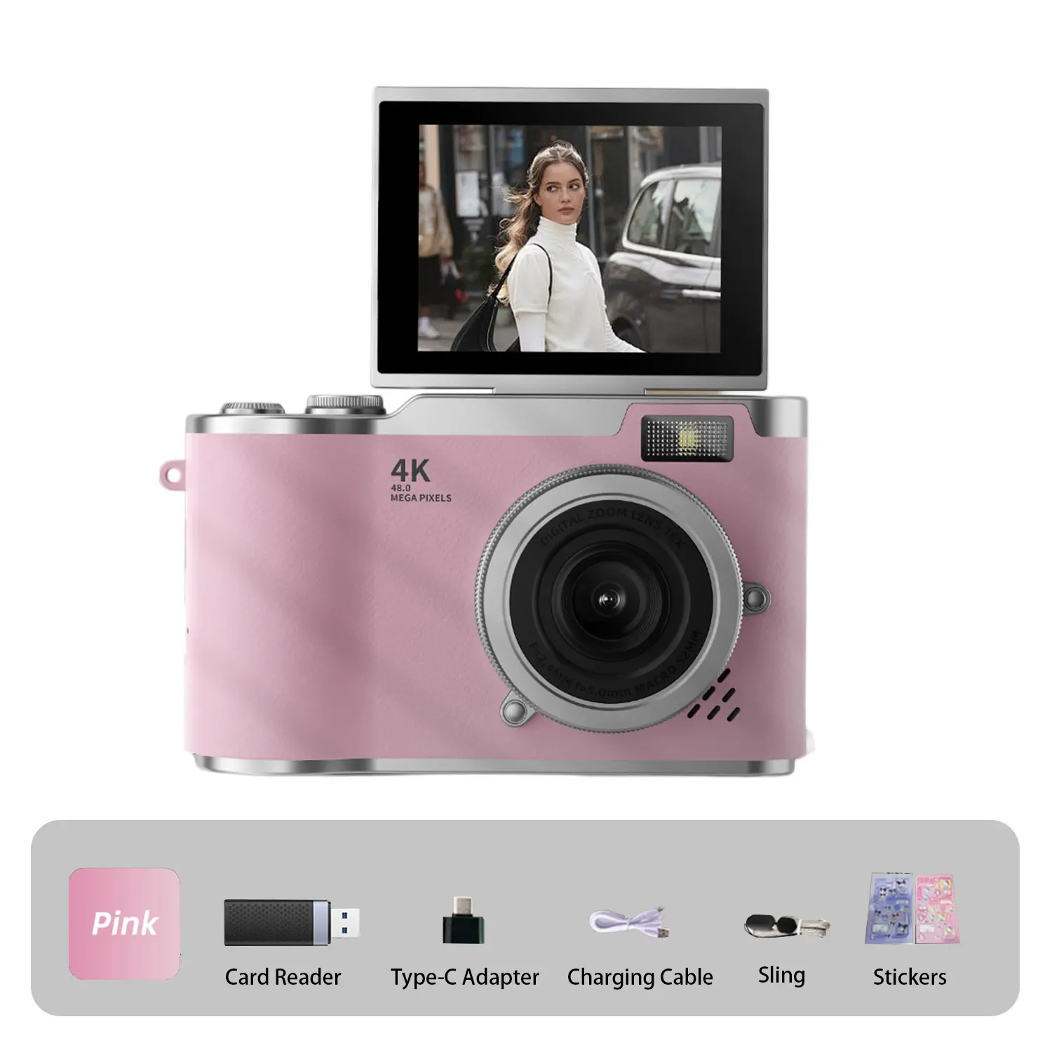 Flip-Screen CCD Style Digital Pocket Camera for Beginner Students Teenagers, Portable Selfie Compact Camera with 32G Memory Card, Card Reader, Converter Plug-in, DIY Decor Stickers and Lanyard, Perfect Gift for Back to School Season