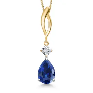 Gem Stone King 925 Silver and 10K Yellow Gold Blue Created Sapphire and White Moissanite Pendant Necklace for Women | 2.31 Cttw | Gemstone September Birthstone | Pear Shape 10X7MM | With 18 Inch Chain