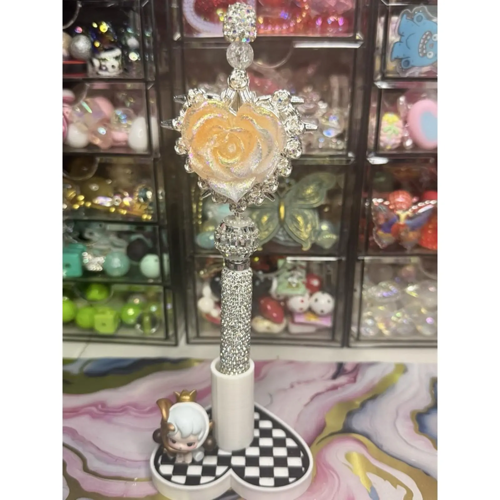 Enchanted Champagne Rose Rhinestone Pen - Handmade Specialty Beaded Pen with Iridescent Rose Focal & Silver Crystal Accents