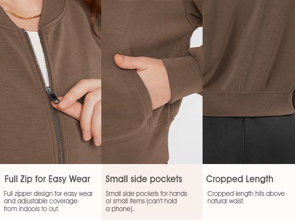 ODODOS Modal Soft Full-Zip Bomber Jacket for Women Long Sleeve Casual Fall Outfit Crop Top with Pockets