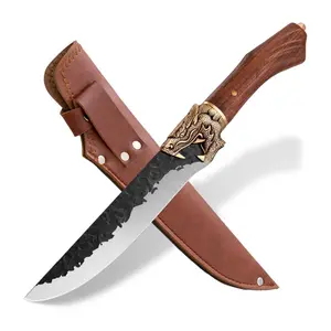 Purple Dragon Meat Cleaver Hand Forged Chef Knives Sharp Boning Knives Butcher Knife with Leather Bag and Gift Box German Steel 7Cr17Mov 7 inch for Kitchen Outdoor BBQ Camping