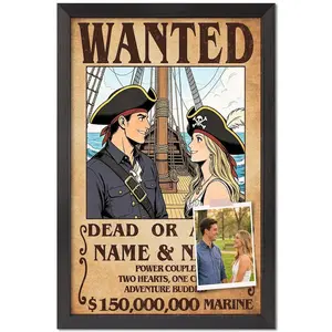 Custom Anime Pirate Wanted Poster, Personalized Photo Portrait, Black Framed Wall Art