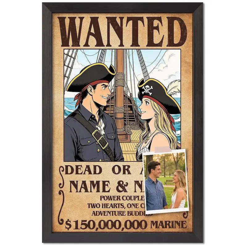 Custom Anime Pirate Wanted Poster, Personalized Photo Portrait, Black Framed Wall Art