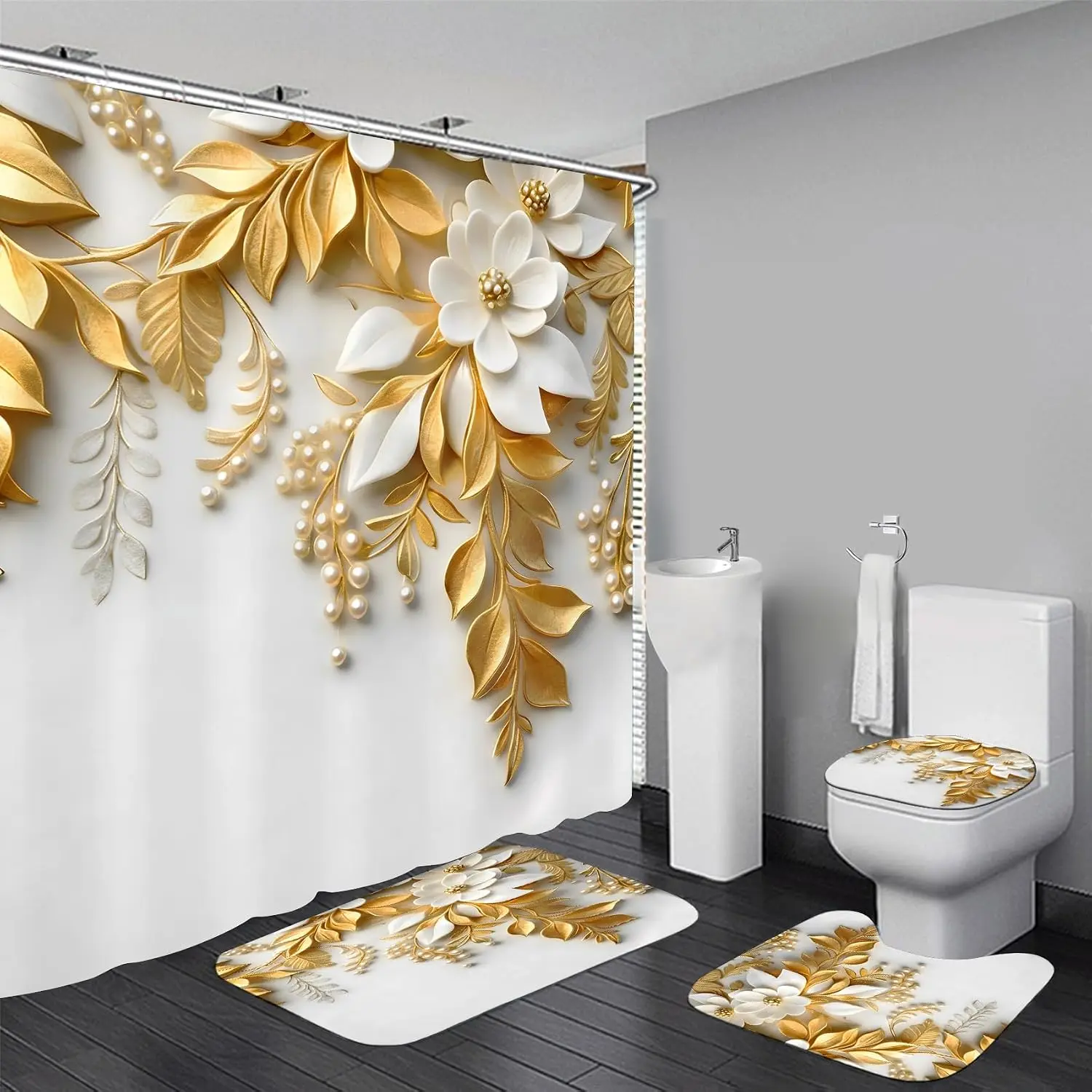 4pcs Golden Leaves Shower Cutain Bathroom Decor Sets with Rugs | Floral Waterproof Bath Accessories Set with Non-Slip Rug, U-Shaped Mat, Toilet Lid Cover and 12 Hooks for Washroom,