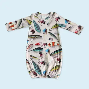 Fish print long sleeve newborn baby gown