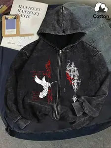 Vintage Mineral Wash Gothic Zip-up Hoodie | Oversized Casual Streetwear Sweatshirt with Cross & Angel Print | Premium Heavyweight Cotton Aesthetic Jacket | Perfect Fall/Winter Layering Piece for Urban Techwear Style.