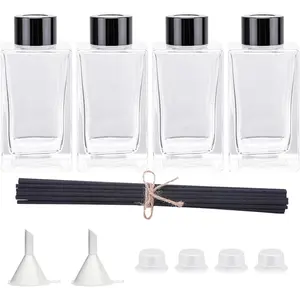 4 count Empty Glass  Reed Diffuser Bottles, Refillable Diffuser Bottles with 20 count Reeds Sticks & Black Caps & Funnel, Diffuser Jars for  Oil  Decoration (100ML)