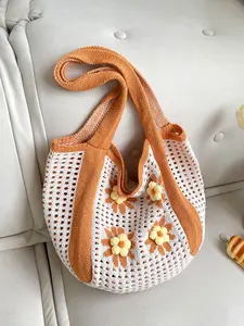 1pc Ladies' cute handmade crocheted mesh lazy style armpit bag, two tone woven single shoulder tote bag, Textured shoulder bag, 3D daisy decoration, Bohemian style summer beach bag, suitable for daily commuting, vacation and leisure wear
