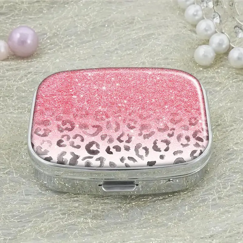 Leopard Pattern Glitter Storage Box, 2-grid Pill Organizer, Rectangle Decorative Box, Cosmetic Organizer for Pocket Purse and Travel, Cosmetics Organizer, Makeup Storage Organizer, Makeup Containers