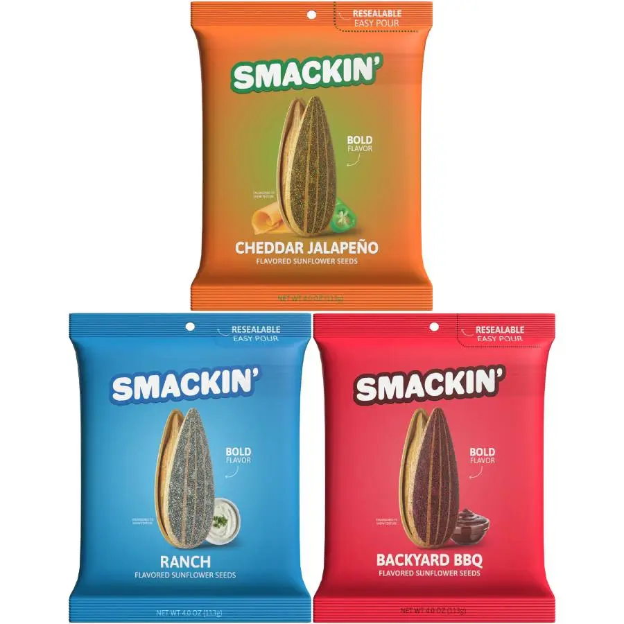 SMACKIN’ Sunflower Seeds 3-Flavor Variety Pack - 4oz Bags (Cheddar Jalapeño, Backyard BBQ, Ranch) Snack