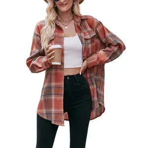 Womens Classic Plaid Shirt Long Sleeve Cotton Button Down Up Shirts Stylish Oversized Loose Fit Blouse V Neck TopsSpring Fall Casual Loose Tops Streetwear