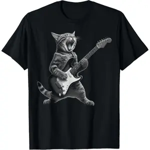 Cat Playing Guitar Rock Star Rock and Roll For Men  Kid T-Shirt Vintage Designer Oversized T-Shirt fashion round neck Men's Cotton Casual T-Shirts graphic tees