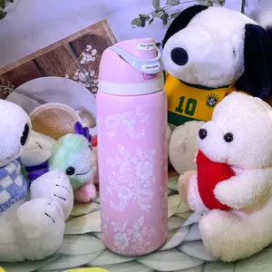 OW(Lace Pink) Dual-Drink Outdoor Sports Water Bottle With Straw, 32oz/945ml, Perfect For Outdoor Camping/Cycling. Features A One-Handed Opening Design, Double-Walled Vacuum Insulation, And A Snap-Lock Portability. Keeps Ice Cubes Warm For 8-12 Hours