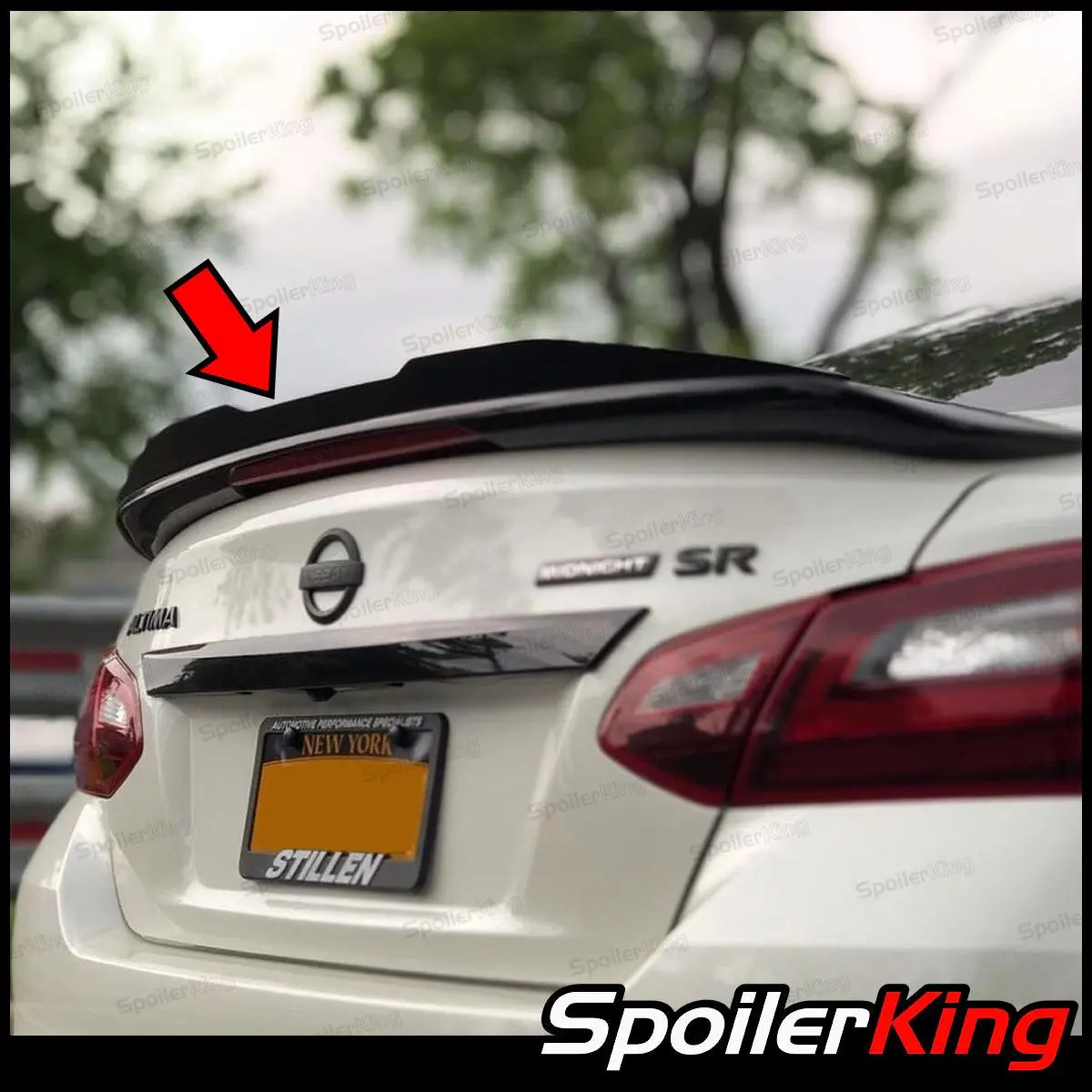 Spoiler King Polyurethane Paintable Rear Spoiler Extension Body Panel for Nissan Altima 2013-2018, Flexible-Fit Rubber Gurney Flap with Center Cut, Heat-Conformable Direct Mount, Pre-Taped Preinstalled 3M Tape, Performance Look (284GFC)
