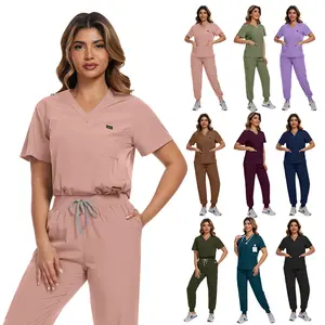 Nanny Workwear Scrub Set for Nurses Pet Hospital Dental Clinic Black Wine Red Blue 2-Piece Uniforms Solid Color
