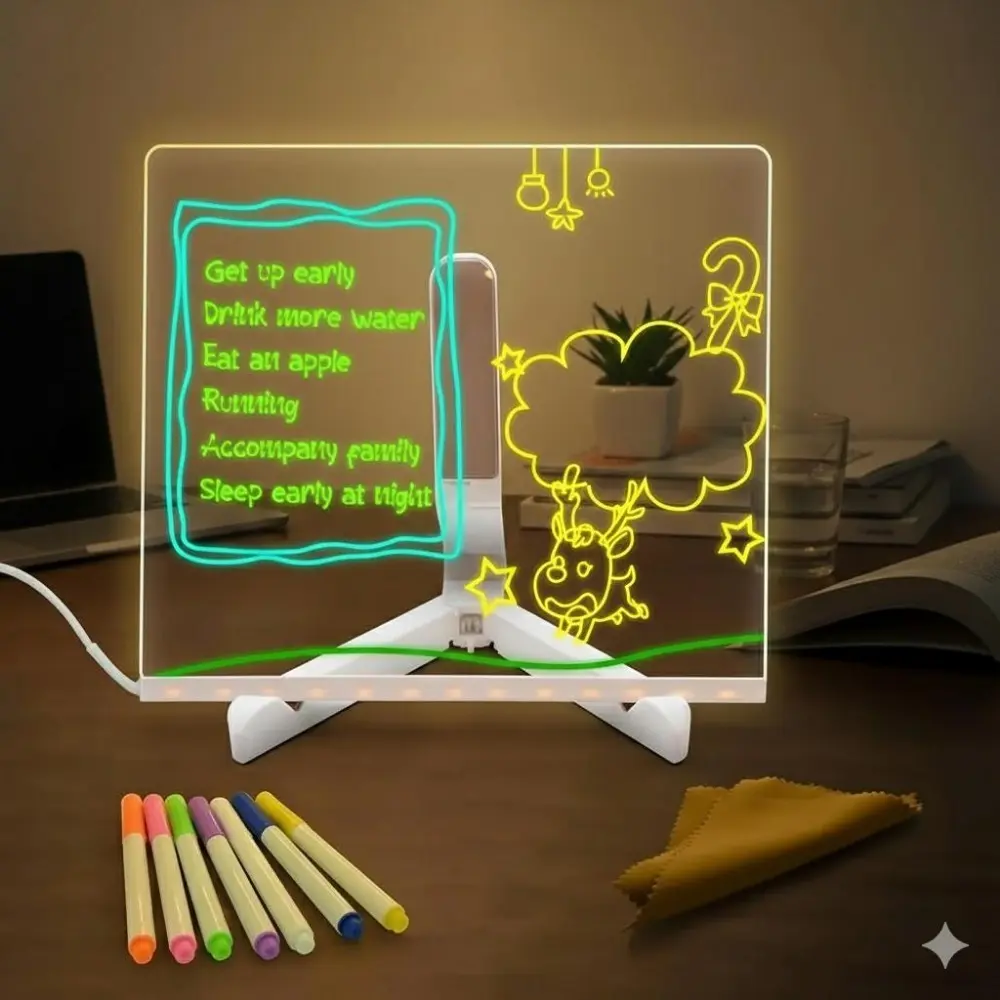 Glow Drawing Board & Desk Lamp: Erasable Whiteboard, Creative Learning Light for Kids, Multi-Color Pen Set, Acrylic Desktop Memo Ad Decor, Fun Gift Tool for Children's Bedroom Decor