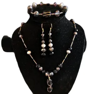 Gabriela Haller HigherKii Artique Obsidian Lightning Jewelry Set with Black Lightning Pattern Pendant and Beaded Necklace Set