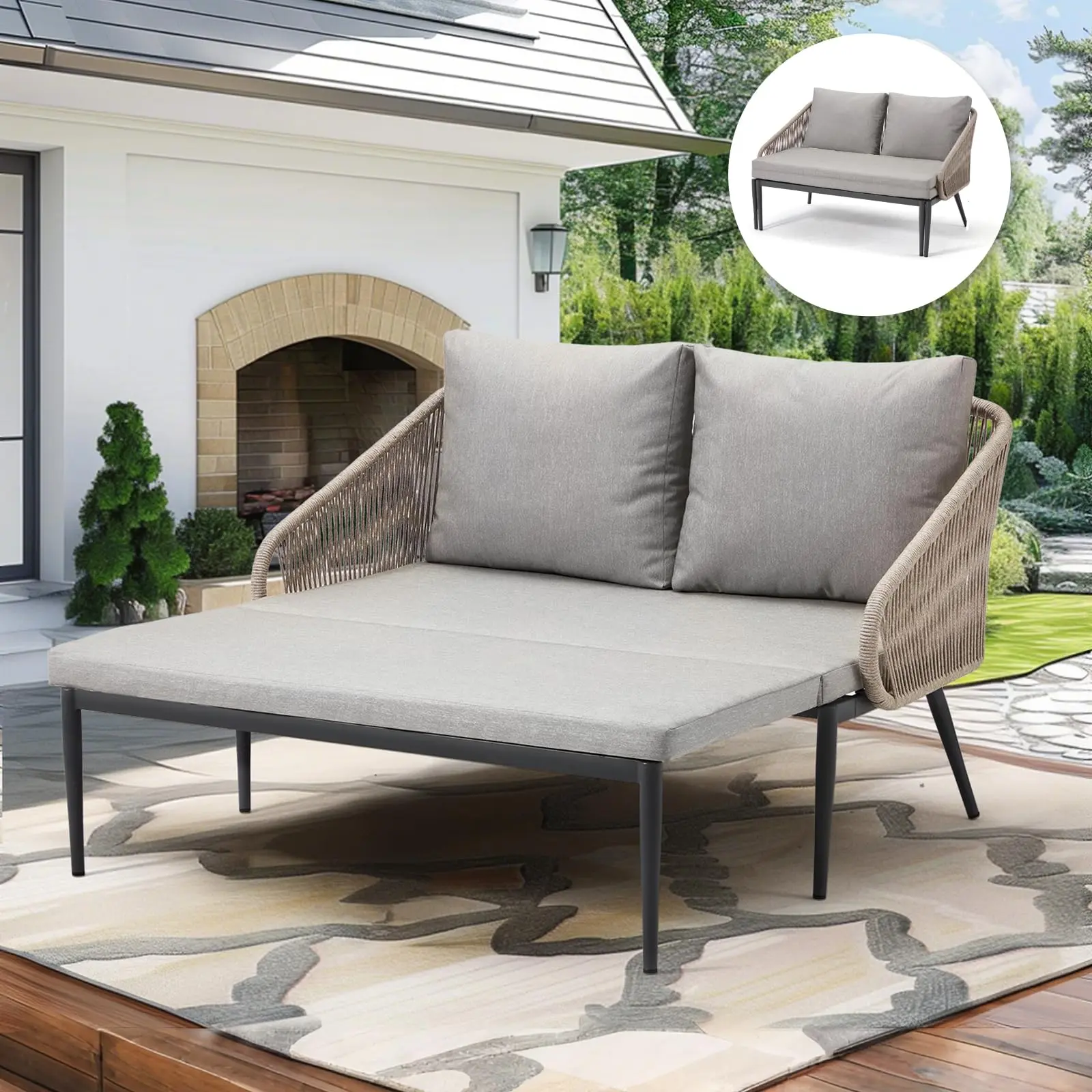 YODOLLA Outdoor Double Chaise Lounge Chair, Convertible Patio Loveseat Sofa, All-Weather Wicker/Metal Seating Furniture for Outside, Pool, Balcony
