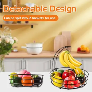 Double Fruit Basket with Banana Hook Shelf, Removable Multi-Purpose Wire Basket, Vegetable Storage Countertop Fruit Rack  for Kitchen Counter, Bathroom, Living Room Table