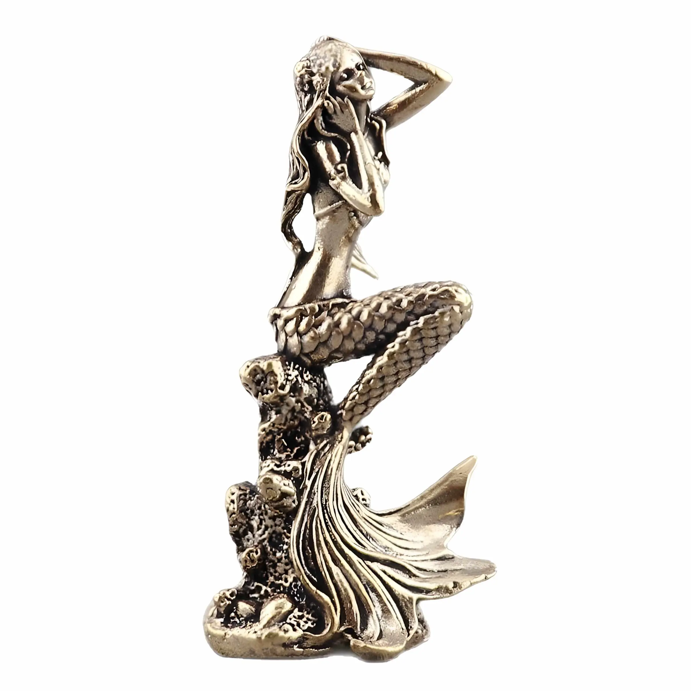 Vintage Brass Mermaid Figurine, Weathered Mini Sea Monster Statue, Home Office Desktop Art Decor, Home Decor Sculptures, Ocean Theme Brass Craft, Collectible Gift, Artistic, Decorative Home Ornament, Home Decoration Collectible, Room Decor Statue