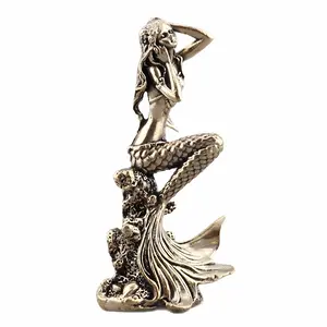 Vintage Brass Mermaid Figurine, Weathered Mini Sea Monster Statue, Home Office Desktop Art Decor, Ocean Theme Brass Craft, Collectible Gift