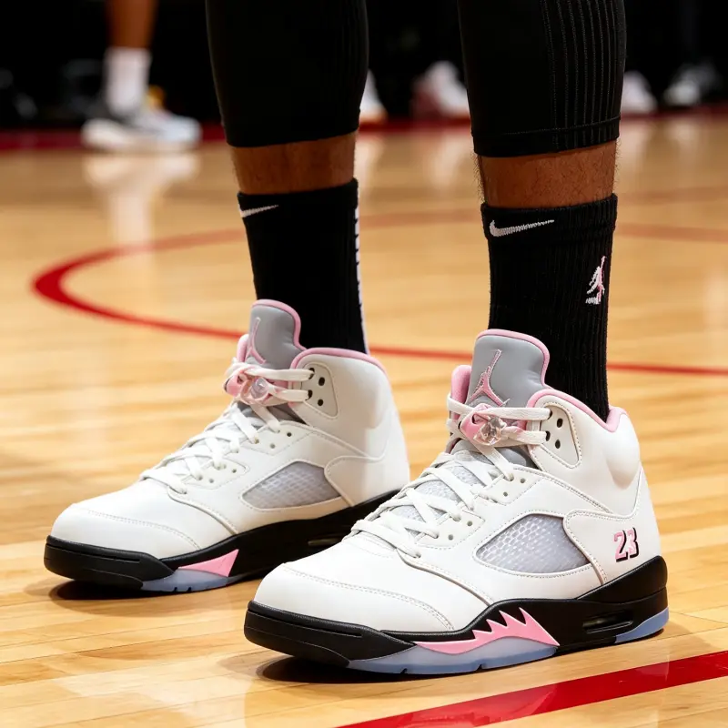 Mid Cut Vintage Basketball Shoes Clean White Leather Upper With Soft Pink & Black Accents, Breathable Mesh Panel, Shock Absorbing Structure And Clear Rubber Sole, Trendy Sneakers For Urban Streetwear & Casual Activities