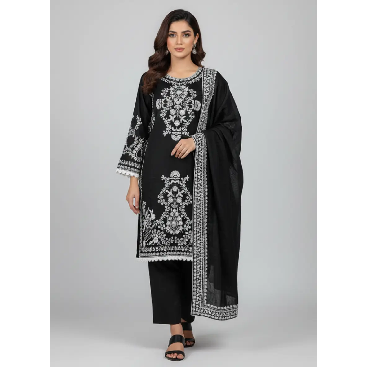Women's Elegant 3-Piece Dhanak Dress Set with Embroidery, Traditional Stylish Suit Including Qameez, Plazo Pants, and Shawl, Lady