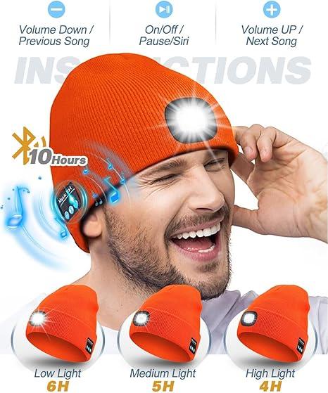 Bluetooth Beanie with a Light, Unisex USB Rechargeable 4 LED Fashlight Hat with Cordless Headphones, Unique Christmas Birthday Gifts for Men Him Husband Teen Black