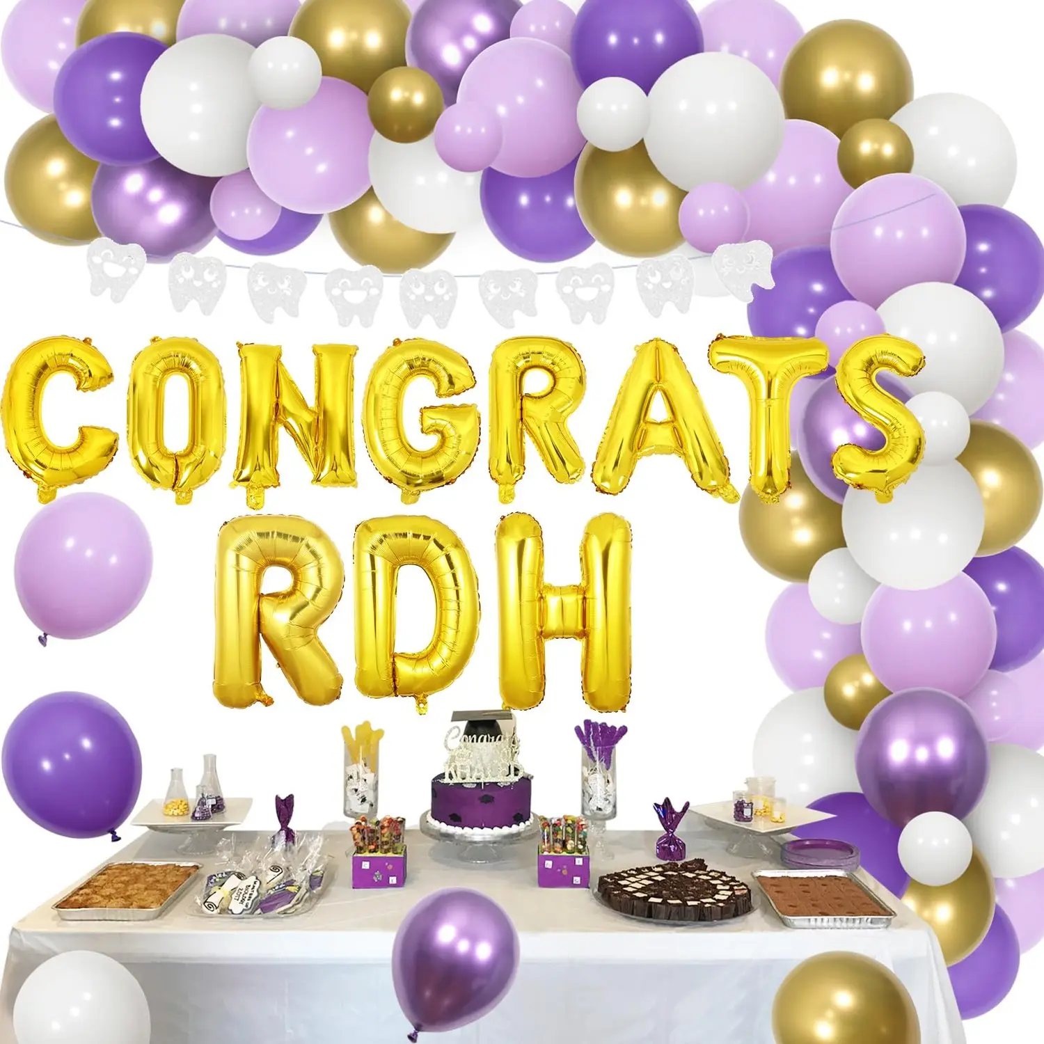 1-Set RDH Dentist Graduation Celebration Balloon Set, Purple & Gold Tooth Theme Party Decor Kit with Congrats RDH Banner, 12-Inches Multi-Size Tooth Balloons for Dental Student Graduation