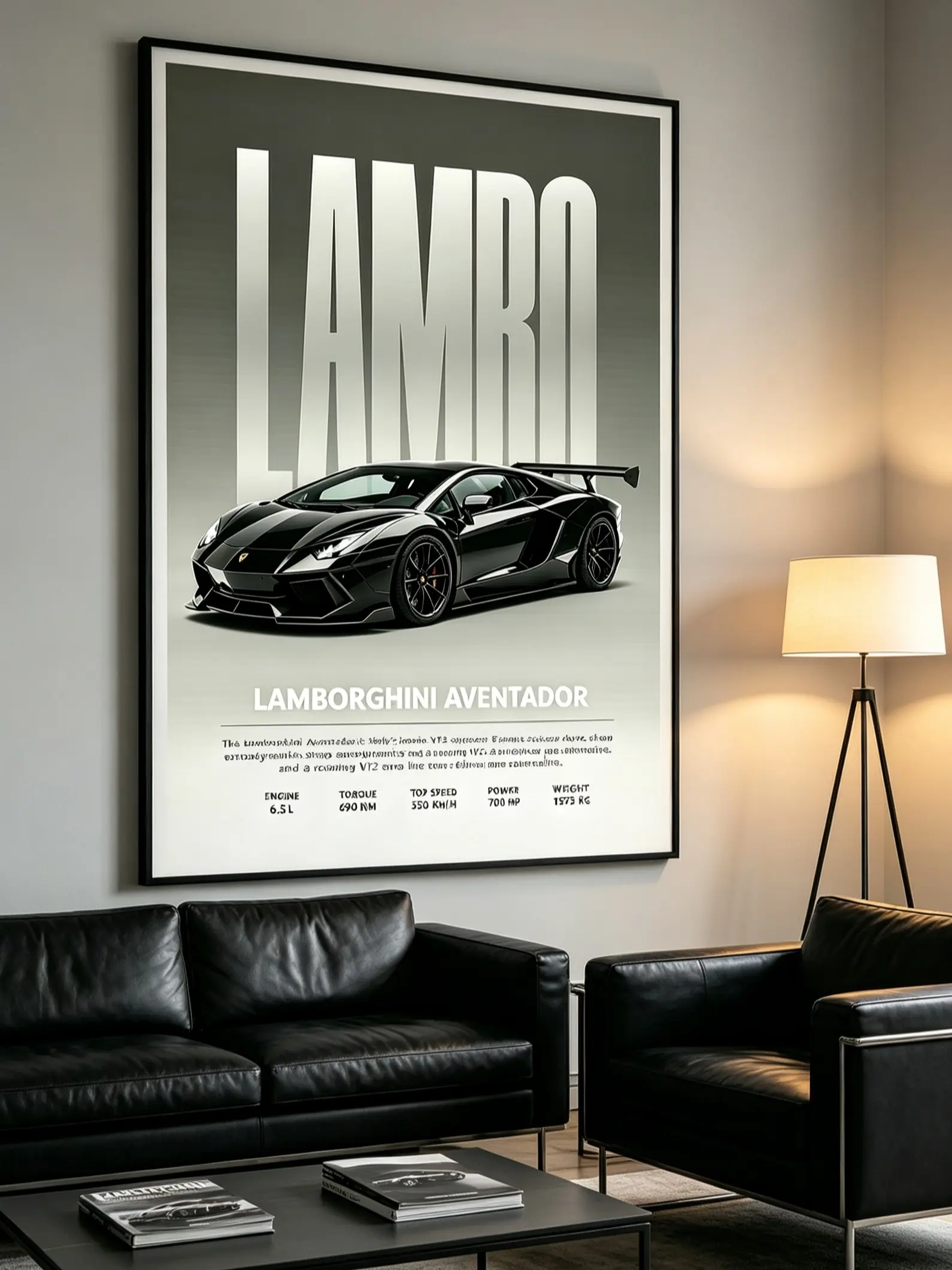 Black Lamborghini Aventador V12 Supercar Poster Garage Man Cave Wall Art Print