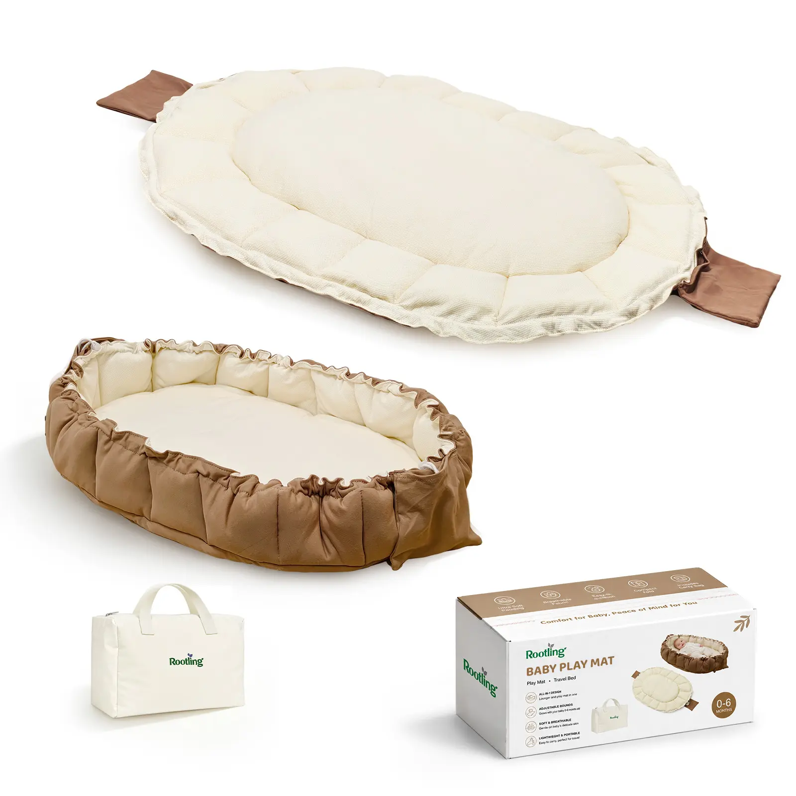 Rootling Baby Play Mat for Floor,  Portable Cotton Crawling Mat with Carry Bag, Machine Washable Cover, Non-Slip Backing, Beige, Babymat, Unisex, 0 - 3 Years, Padded Mat