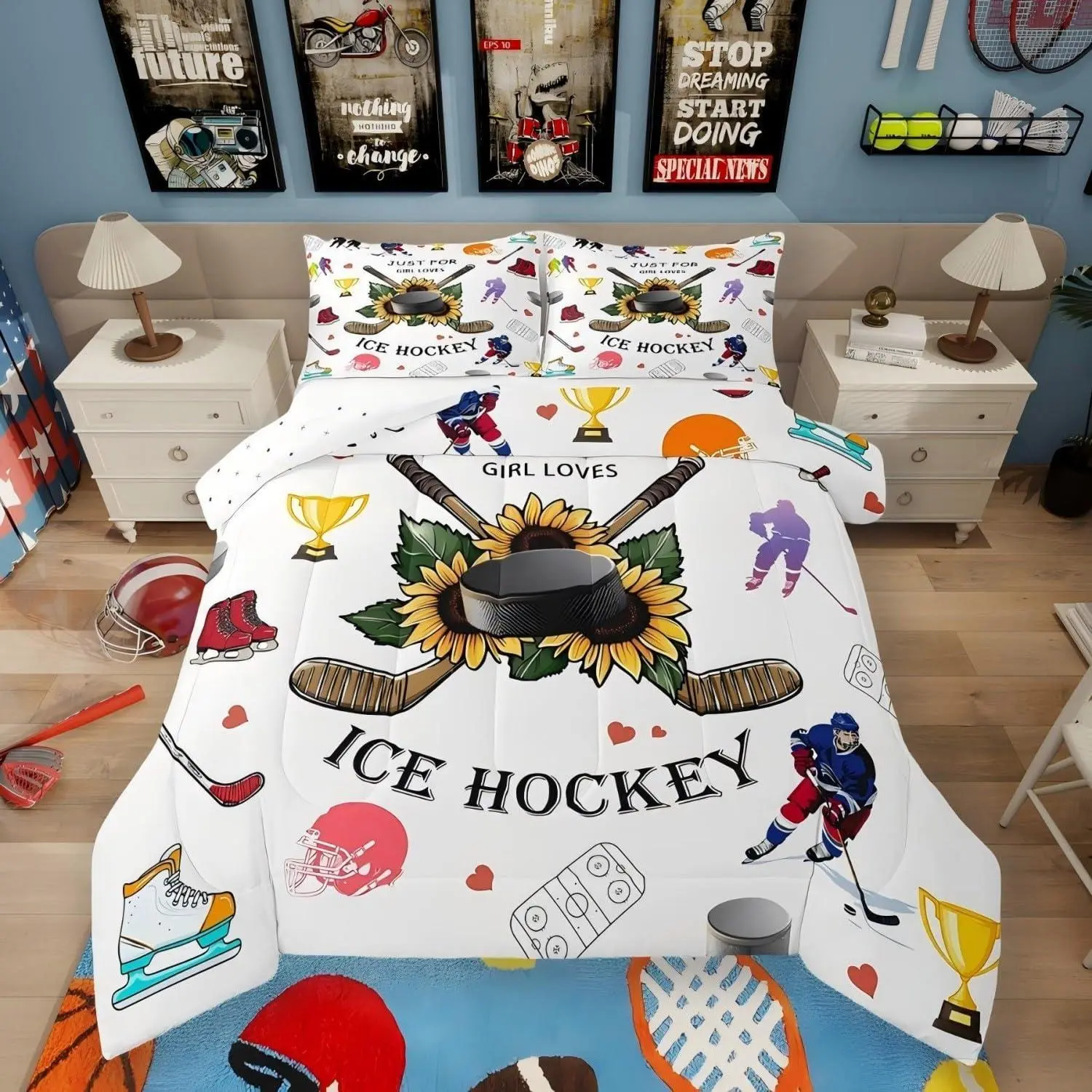 Feelyou Breathable Microfiber-Polyester Duvet Cover Set - Casual Sports Themed Twin Boys Bedding, Matching Bedding for Bedroom Cozy Setup, Lightweight with American Helmet, Sunflower Puck, European Sport Balls, RV & Dorm Use