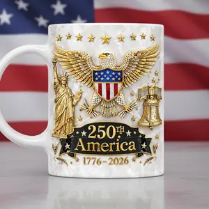 Patriotic Mug 2D Printed 3D Effect Custom Name Ceramic Coffee Cup With Gold Eagle Statue Liberty Bell Stars For Americans 250th America 1776-2026 Anniversary Gift