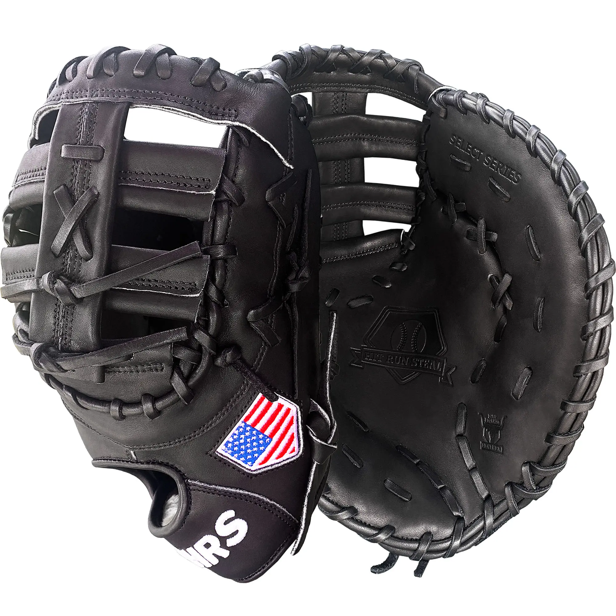 Hit Run Steal Barnstormer 13" First Base Mitt, American Steerhide Leather Baseball Gloves for Adult & Youth Players, All Black, RHT/LHT, 13 Inch