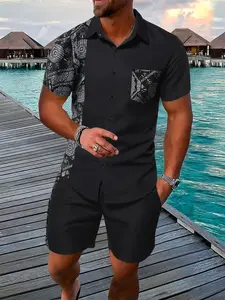 Men's Black & White Geometric Patchwork Home Loungewear 2-Piece Set, Outfit - Short-Sleeve Lapel Button-Down Shirt, Contrast Pattern Pocket & Side Panels + Elastic Drawstring Waist Black Shorts, Lightweight Breathable Fabric, Relaxed Urban Style