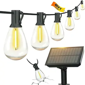 60FT Solar String Lights Outdoor Waterproof with Remote Control Solar Patio Lights 16 shatterproof LED Bulbs for Porch Garden Market Bistro Patio Backyard Fence