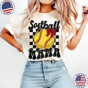 Retro Softball Mama Coquette , Not Glitter Softball , Softball Coquette , Game Day , Softball Mom , Checkered Softball Bow Tshirt
