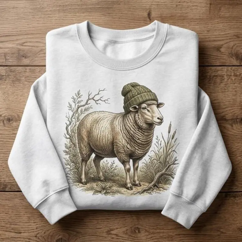 Cute Sheep Sweatshirt Vintage Sheep Shirt Unisex Cozy Beanie Sheep Hoodie Cottagecore Graphic Tee Retro Farm Animal Sheep Lover Gift