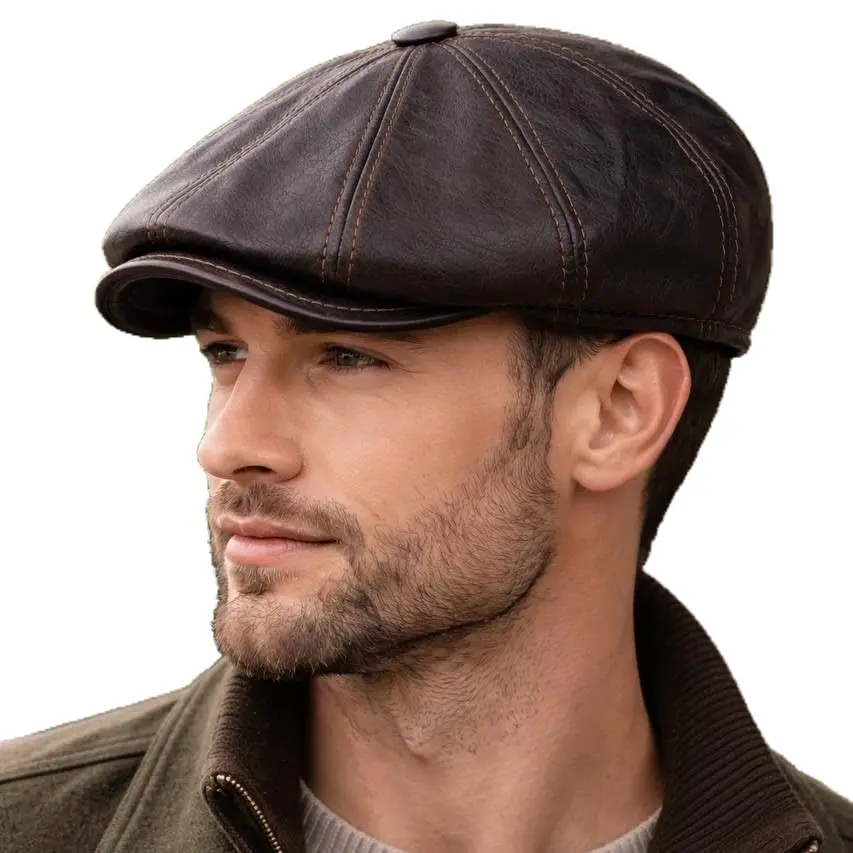 Vintage Leather Flat Cap, Classic Cabbie Driver Ascot Hat - Real Leather Newsboy Ivy Cap