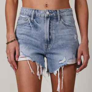 ONESO High Rise Denim Shorts - Casual Frayed Raw Hem Ripped Short Jeans Basic Minimalist Streetwear Trouser Pants Summer Womenswear Bottom OSH6073