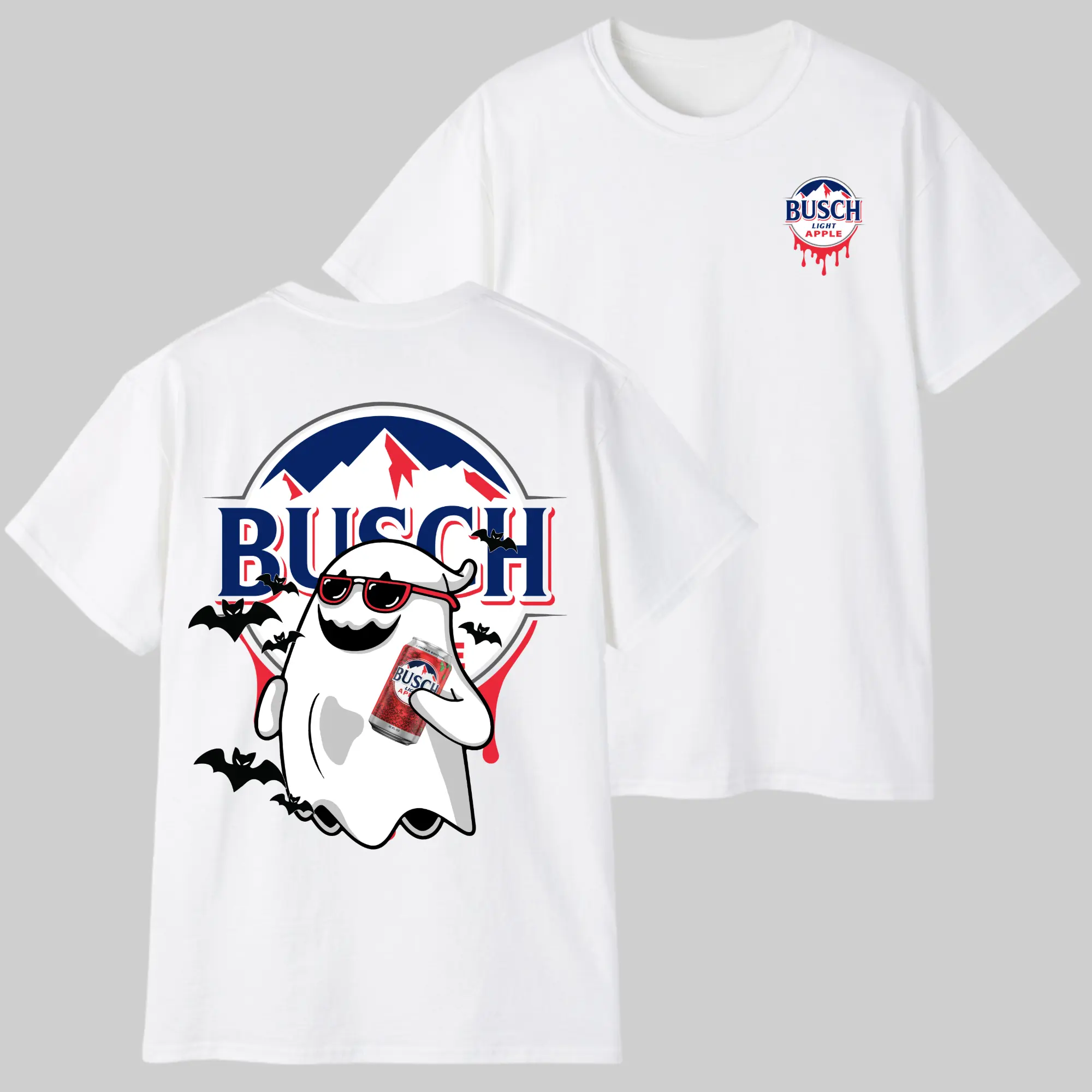 Busch Apple Ghost T-Shirt, Halloween Beer Drinking Graphic Tee, Funny Spooky Season Shirt, Retro Party Graphic Tee for Beer Lovers Graphic Tee, Shortsleeve, Basic Tops, Trending, Fabric Cotton, Women's top, Menswear, Gift, Streetwear
