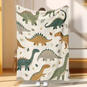 1Pc Cozy Cartoon Dinosaur Print Flannel Blanket - Soft, Lightweight, Machine Washable For All Seasons - Perfect For Bed, Sofa & Travel - Vintage Style With Colorful Dinosaur Designs, Travel Blanket | Vintage Cartoon Style | Soft Flannel Blanket, Dinosaur