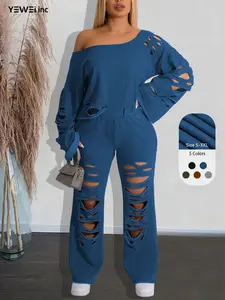 Women's Summer MinimalistRipped Asymmetrical Neck Pullover &Wide Leg Pants, Lady Drop Shoulder Top&Trousers Set, Fashion Cozy BasicOutfits, Two Piece Set Women