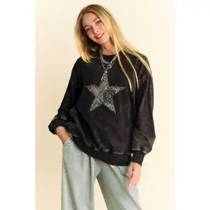 Davi & Dani Stud Star Patch Acid Washed Sweatshirt