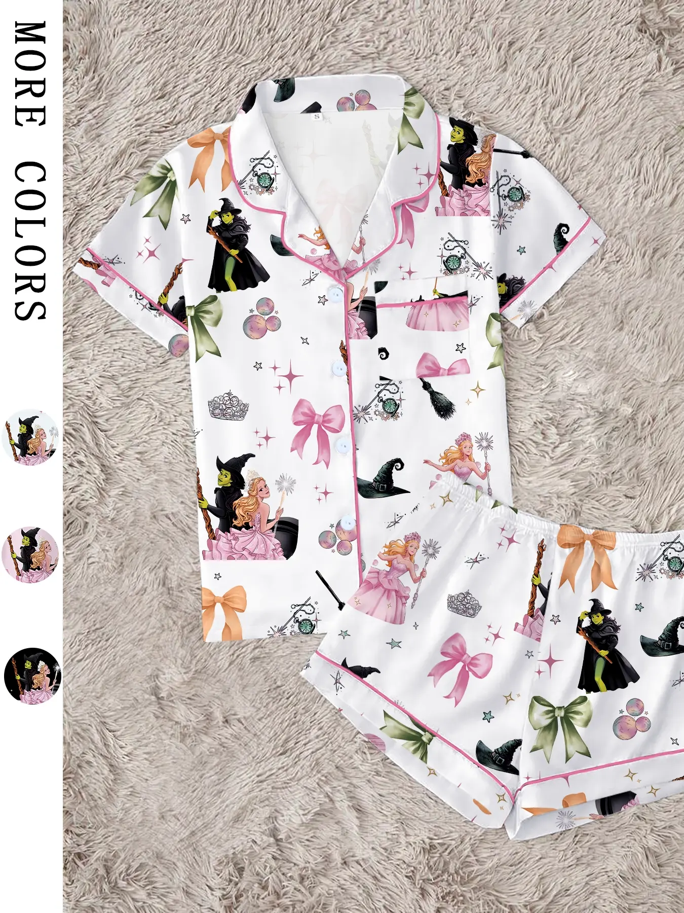 Wicked Movie Cute Bow Collar Short Sleeve Pajama Set, Pyjamas, Pjs, Comfortable Soft Sleepwear Loungewear, Halloween Party Gift, Cozy Velvet Cosplay, Glinda