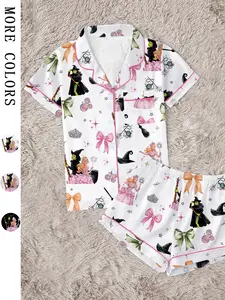 Wicked Movie Cute Bow Collar Short Sleeve Fitted Pajama Set, Comfortable Soft Sleepwear, Loungewear, Halloween Party Gift, Cozy Velvet Cosplay, glinda