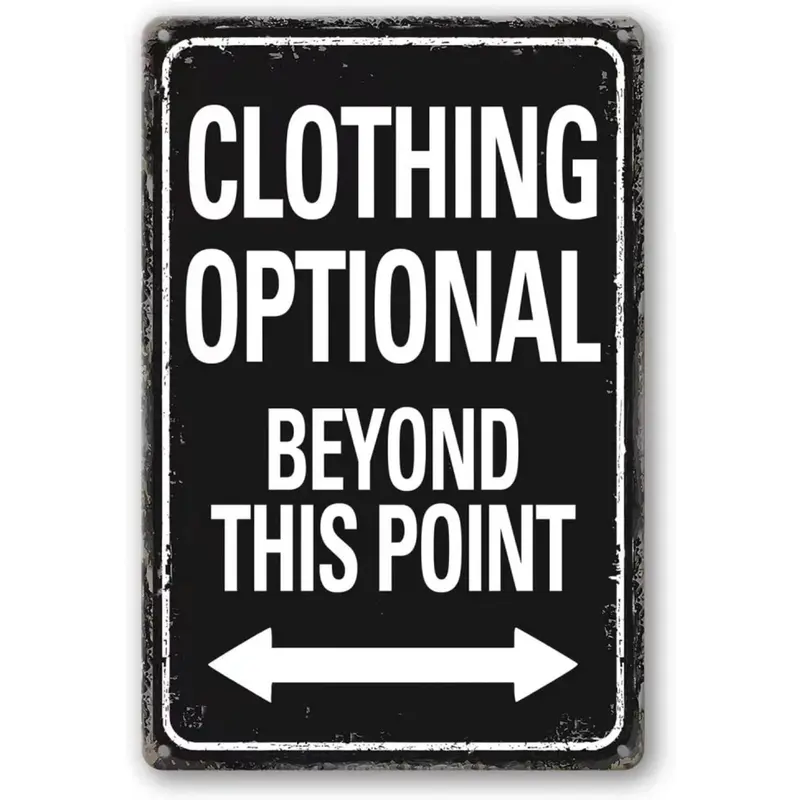 Vintage Steel "Clothing Optional Beyond This Point" Decorative Bar Sign, 12x8 in Weather-Resist Art Plaque, Easy Install Indoor-Outdoor Home Decor, Man Cave Decor Item